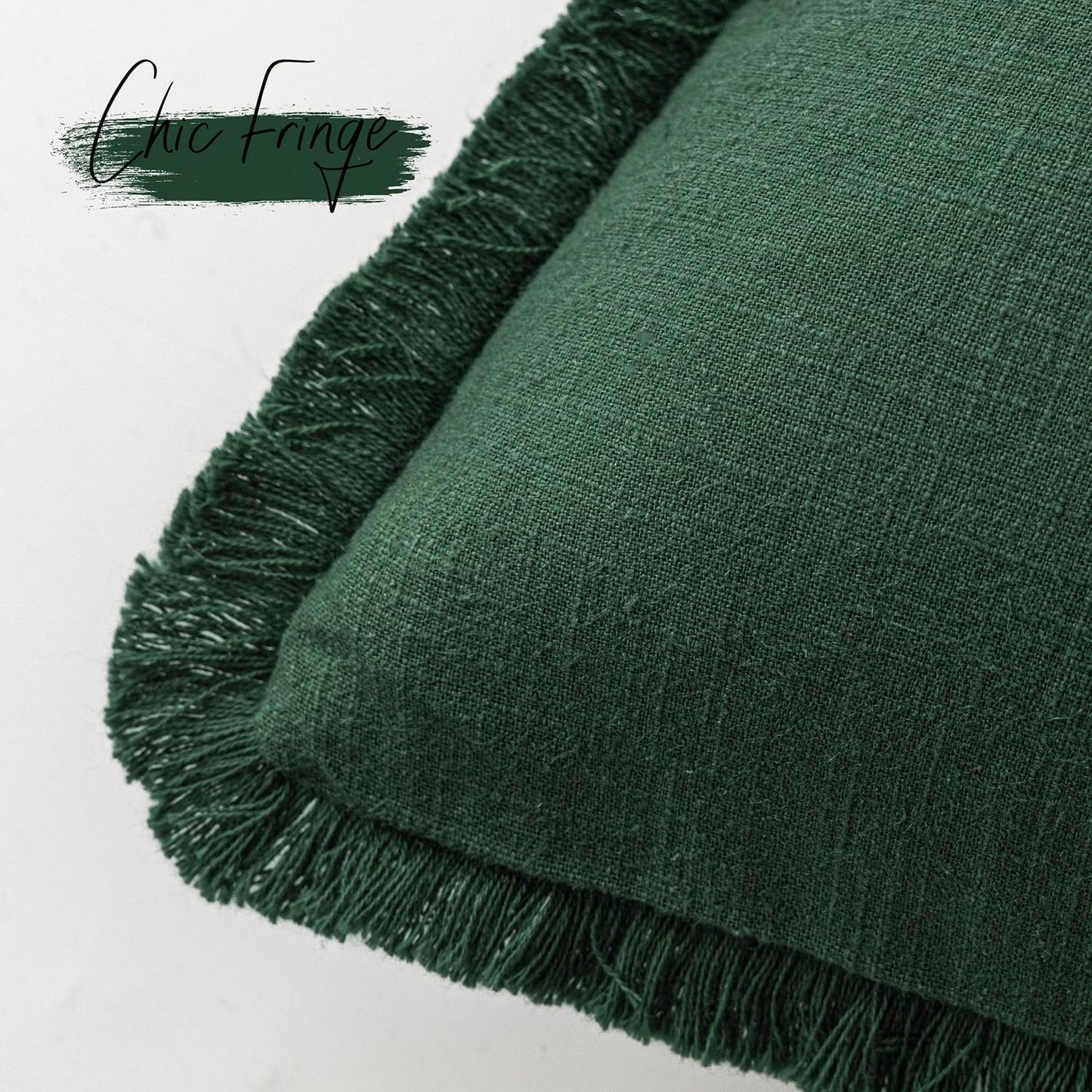 Foindtower Set of 2 Decorative Linen Fringe Throw Pillow Covers Cozy Boho Farmhouse Cushion Cover with Tassels Soft Accent Pillowcase for Couch Sofa Bed Living Room Home Decor, 18×18 Inch, Pine Green