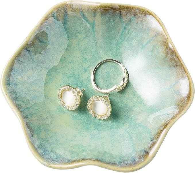 Jewelry Dish Tray, Ring Dish, Ceramic Trinket Tray, Key Bowl, Decorative Plate, for Friends Sisters Daughter Mother (Emerald Green)