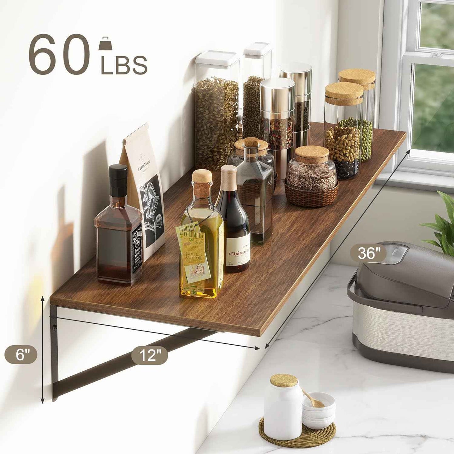 36"W x 12"D Floating Shelves, Walnut Deep Floating Shelves for Wall with Brackets, 12 Inch Deep Wall Shelves for Books, Wide Display Storage Shelves for Bathroom, Living Room, 36 Inch Long, Set of 2