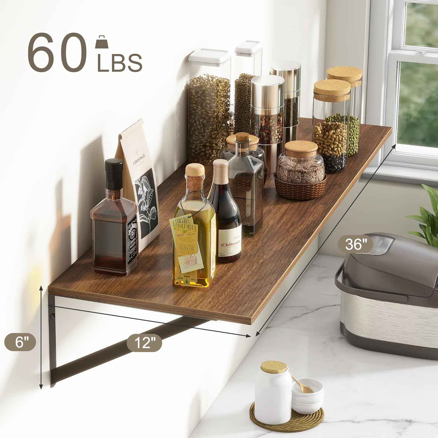 36"W x 12"D Floating Shelves, Walnut Deep Floating Shelves for Wall with Brackets, 12 Inch Deep Wall Shelves for Books, Wide Display Storage Shelves for Bathroom, Living Room, 36 Inch Long, Set of 2