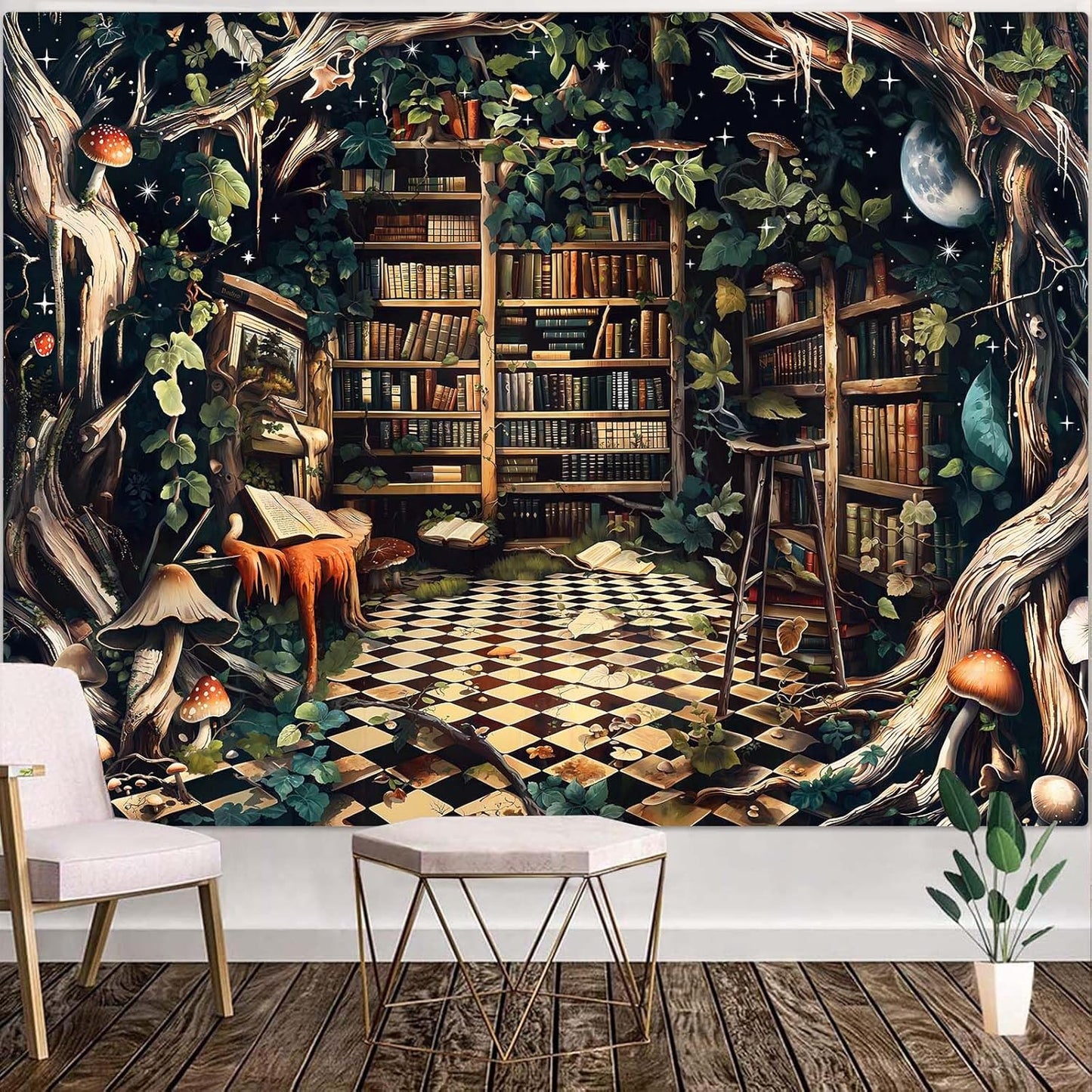 Accnicc Fantasy Forest Bookshelf Tapestry Witchy Fairy Tree Mushroom Retro Backdrop Tapestries Wall Hanging Vintage Library Book Tapestry for Bedroom Living Room Dorm 80 x 60 inch
