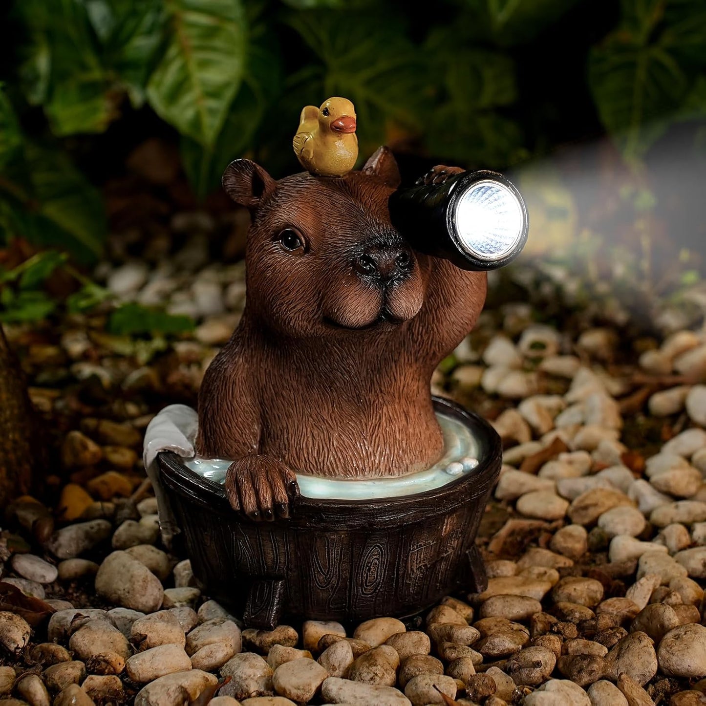 Capybara Solar Garden Statue – Funny Outdoor Resin Animal Decor with Flashlight & Duck – Waterproof Yard Lawn Ornament with LED Light – Solar Powered Figurine for Patio, Porch, Landscape