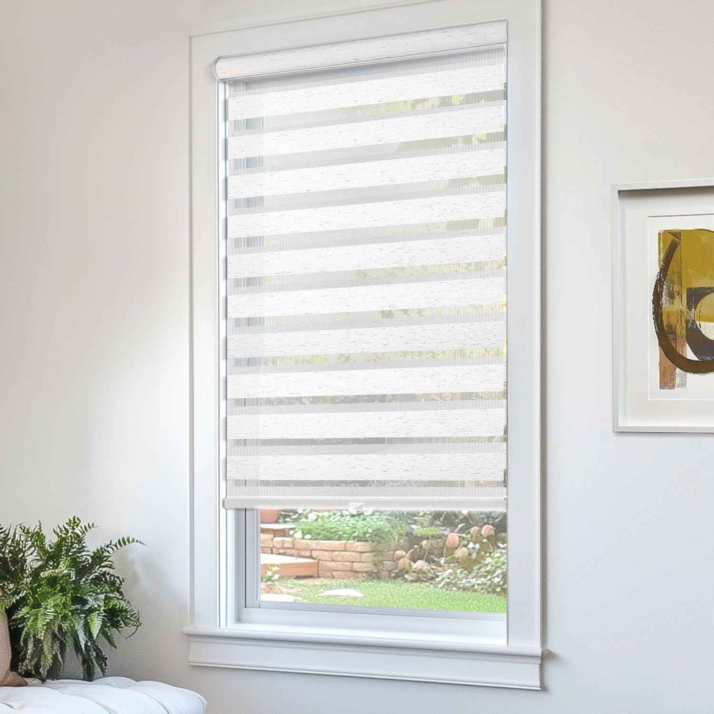 CHICOLOGY Zebra Blinds Cordless Window Shades, Dual Layer Light Filtering Roller Shades for Windows, Sheer Privacy Striped Fabric, Easy Install, 71" W x 72" H, Basic Natural