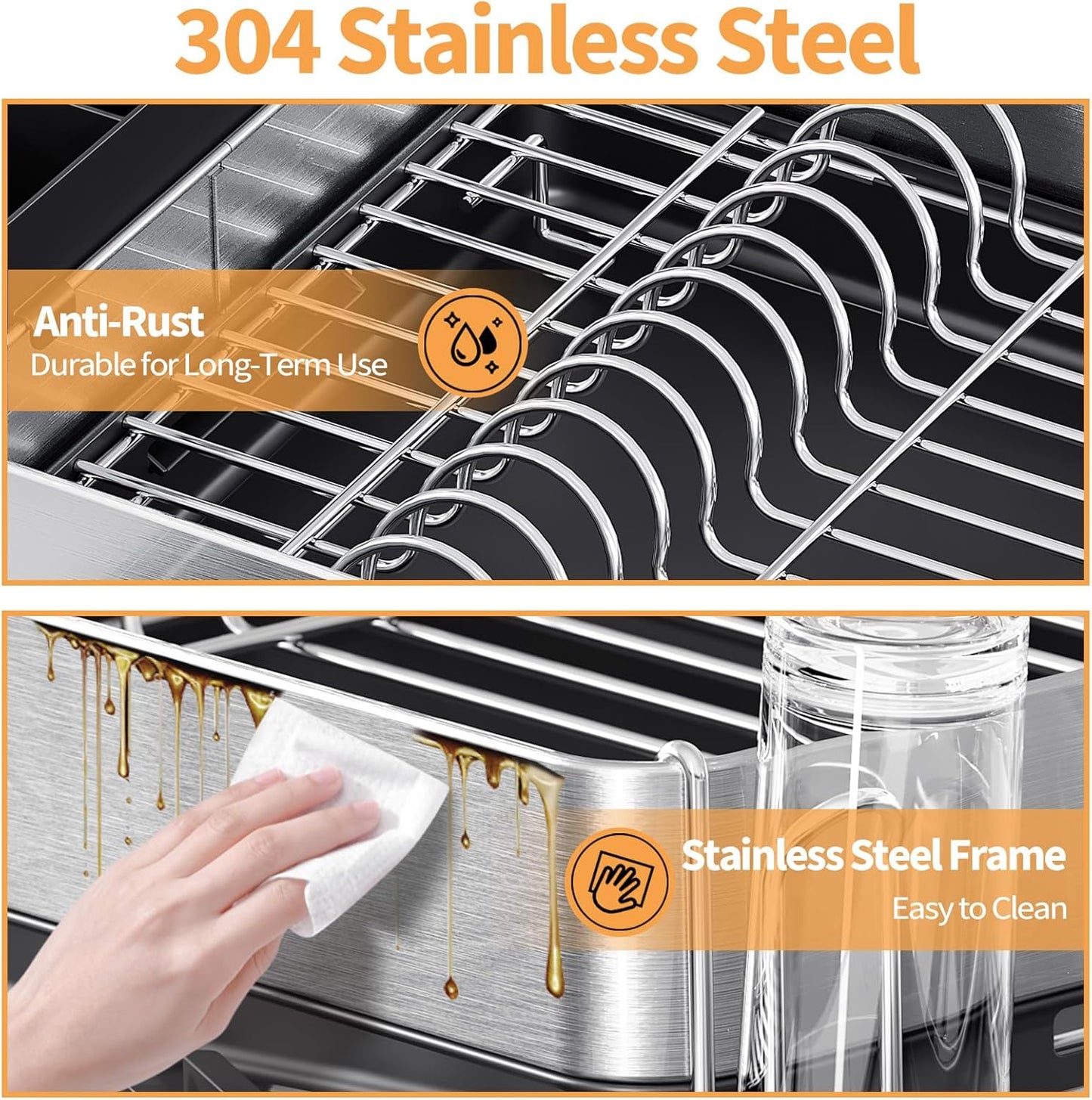 Urackify Dish Rack for Kitchen Counter, 304 Stainless Steel Dish Drying Rack, Expandable Dish Drainer, Foldable Dish Strainer with Cutlery Holder, Kitchen Plate Rack (Black, Large Size)