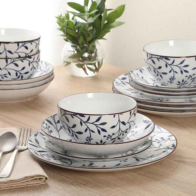 Gibson Home Palace Suite 16-Piece Dinnerware Set, Blue Floral Stoneware Plates & Bowls, Service for 4, Round Durable Everyday Dish Set