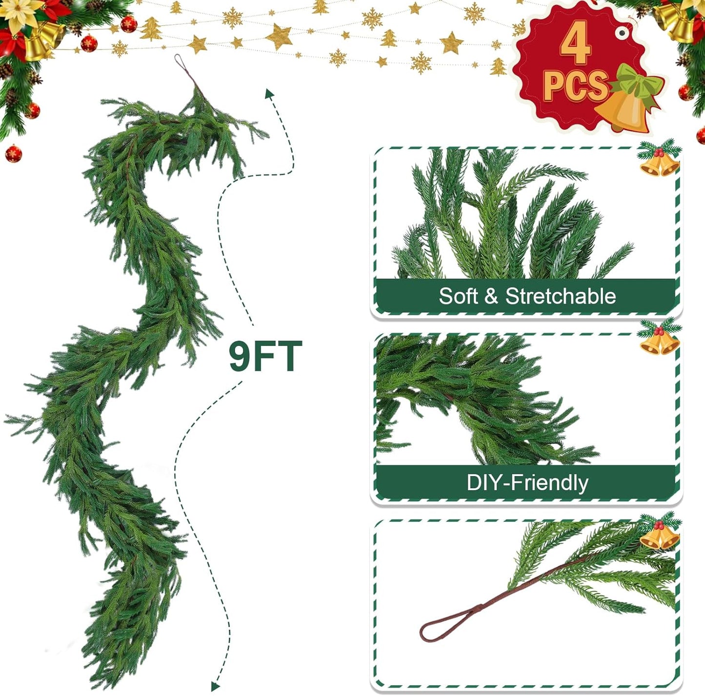Hananona 4 Pcs 9 Ft Artificial Norfolk Pine Garlands, Realistic Pine Garland, Green Artificial Greenery Garland for Table, Mantle, Wall, Indoor, Outdoor Winter Christmas Decorations (4, 9 FT)
