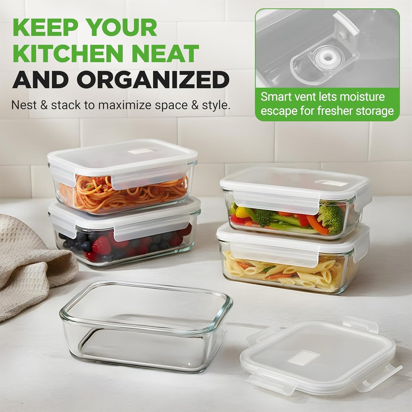 NutriChef 10-Piece Superior Glass Food Storage Containers Set (5 Containers + 5 Locking Lids),Stackable Meal-prep Design, BPA-free Airtight Clear Locking lids with Vent Lids & Air Hole, NCCLX5