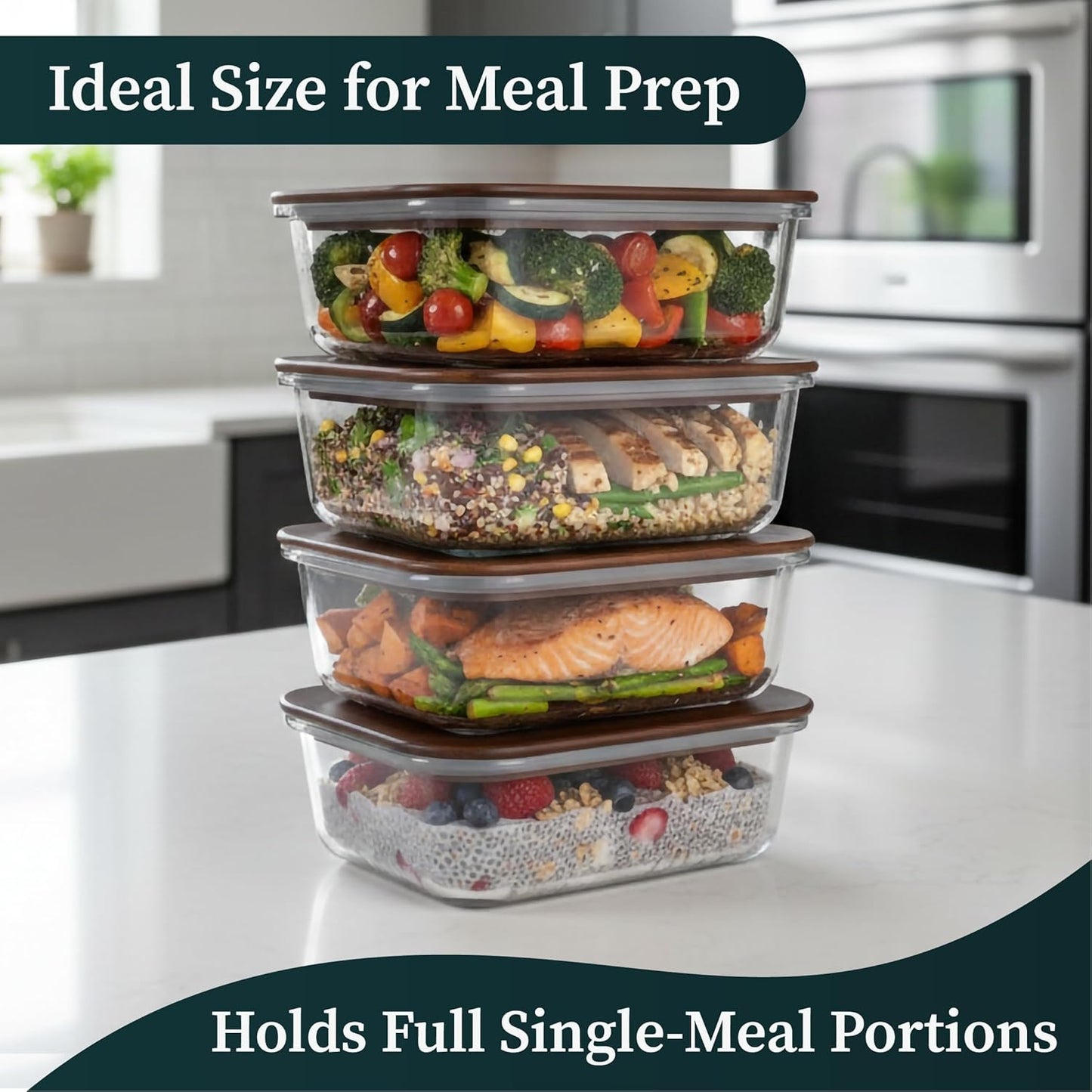 5-Piece Borosilicate Glass Food Storage Containers with Acacia Wood Lids — 35 oz Rectangular Meal Prep & Leftovers Set, Oven, Freezer & Microwave Safe, Plastic-Free