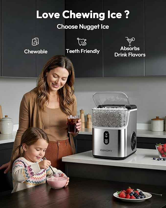 EUHOMY Nugget Ice Maker Countertop, Ready in 7 Mins, 34Lbs/24H Pebble Ice Maker Machine, Self-Cleaning Countertop Sonic Ice Makers with Ice Scoop&Basket, Pellet Ice Maker for Home, Stainless Steel