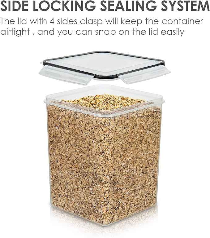 Vtopmart 4 PCS Large Food Storage Containers 5.2L / 175oz, 4 Pieces BPA Free Plastic Airtight Canisters for Flour, Sugar, Baking Supplies, Rice with Lids, 4 Measuring Cups and 24 Labels, Black