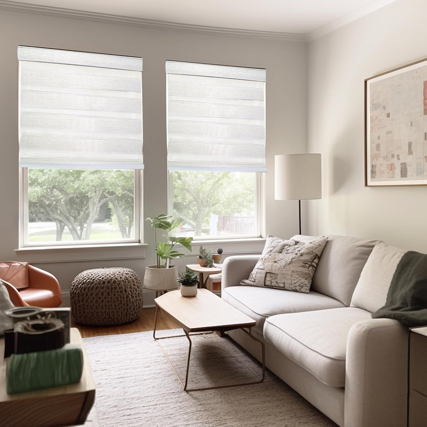 CHICOLOGY Zebra Blinds Cordless Window Shades, Dual Layer Light Filtering Roller Shades for Windows, Sheer Privacy Striped Fabric, Easy Install, 71" W x 72" H, Basic Natural