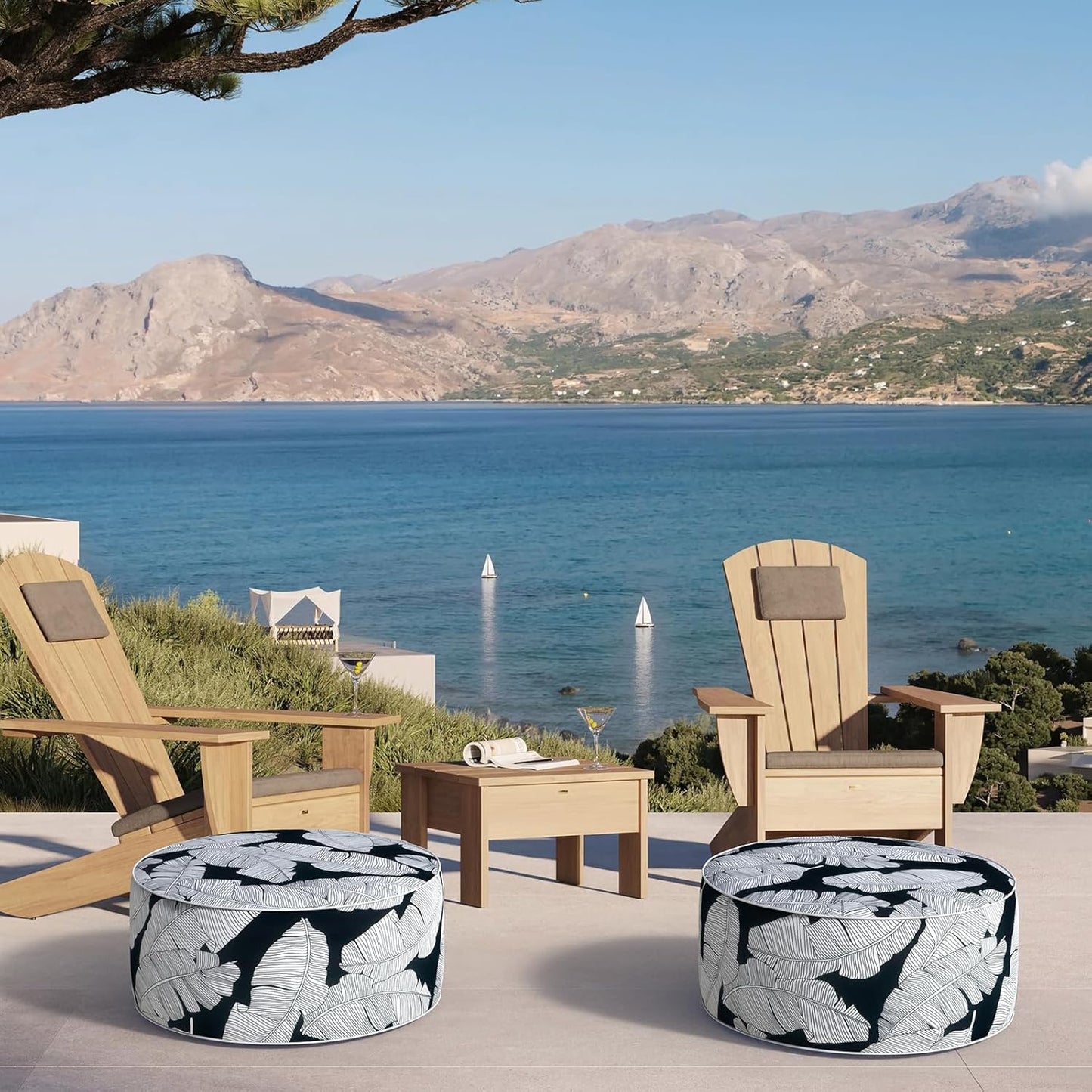 Inflatable Ottoman Stool D21 xH9 for Outdoor/Indoor Use, Water Repellent Patio Foot Rest Stool with Portable Handle,Round Pouf Ottoman Suitable for Garden,Deck and Camping - Black Leaves