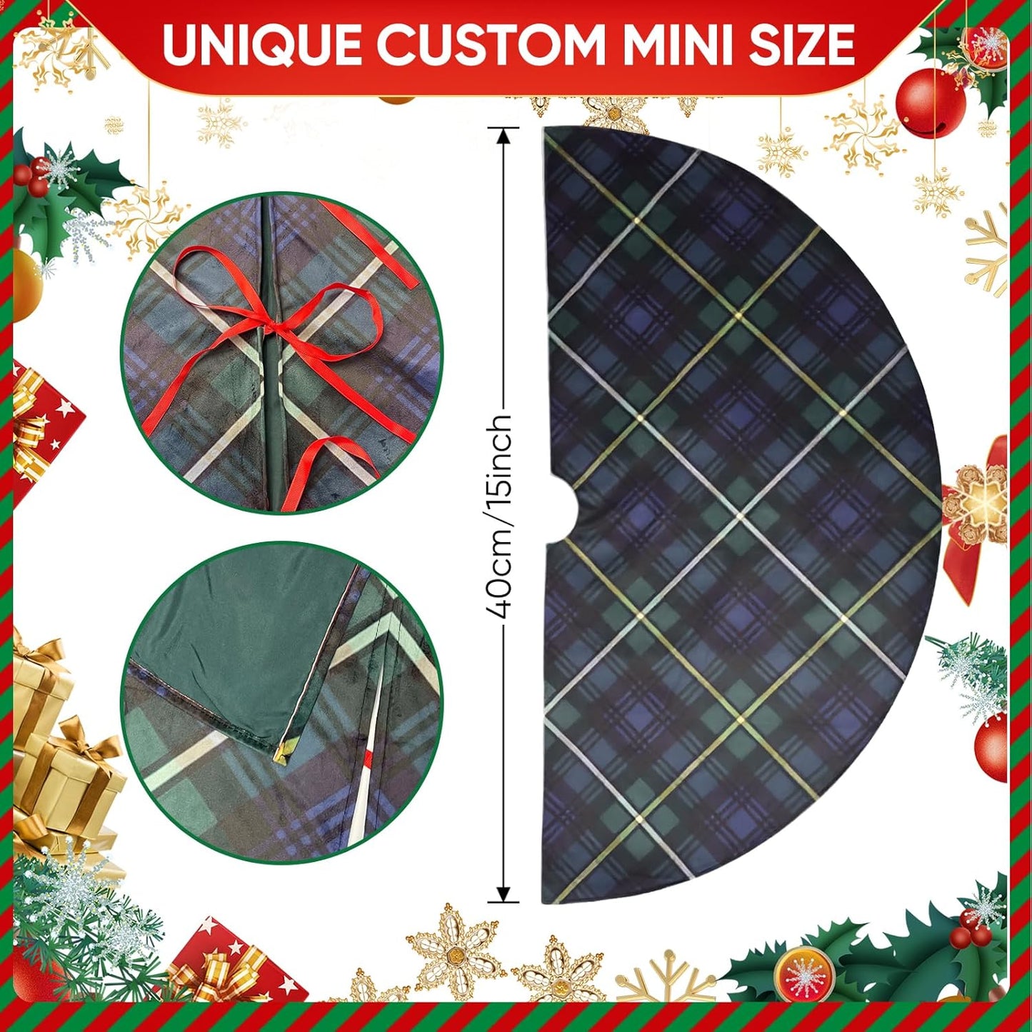 Mini Christmas Tree Skirt 15 Inch – Campbell Clan Tartan Navy Blue and Green Plaid Tree Mat for Small, Pencil, or Desktop Xmas Trees, Scottish Holiday Decor for Desk, Office, Shelf, or Compact Space