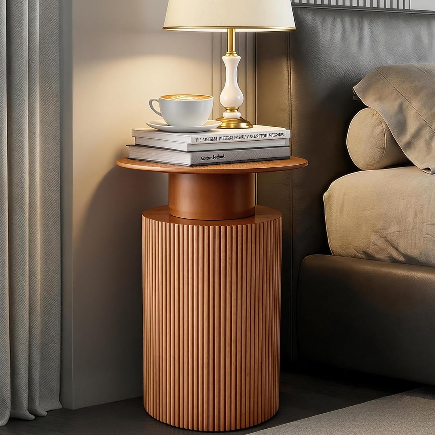 Round Side Table, 24" Fluted End Table with Storage, Mid Century Nightstand Modern Wood Bedside Accent Table, Farmhouse Circle End Tables for Couch, Home, Small Spaces, Bedroom, Living Room