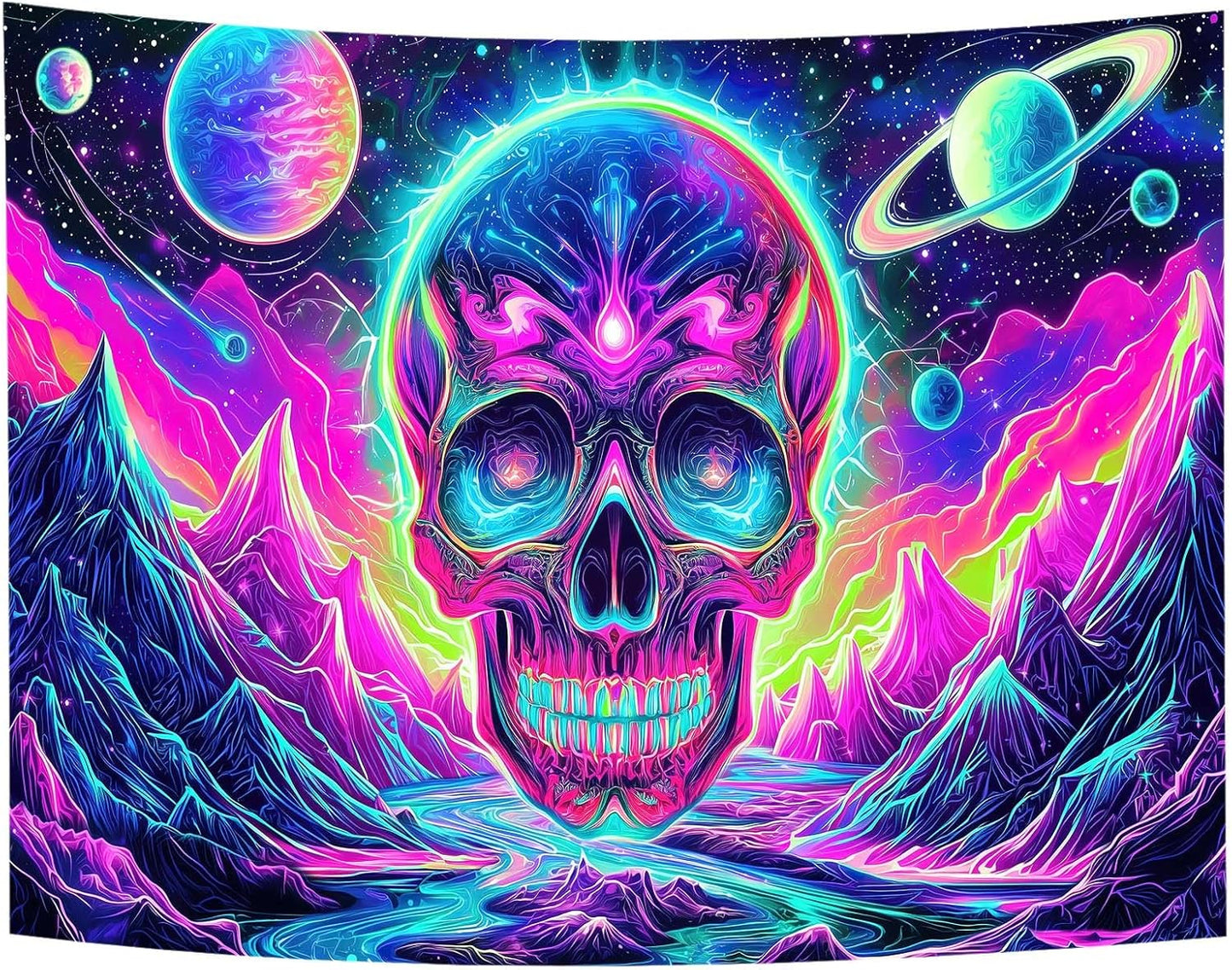 Blacklight Skull Tapestry, UV Reactive Gothic Skeleton Mountain Galaxy Planet Wall Hanging Tapestries, Glow in the Dark Horror Face Halloween Aesthetic Poster for Bedroom Living Room Decor 60X51IN
