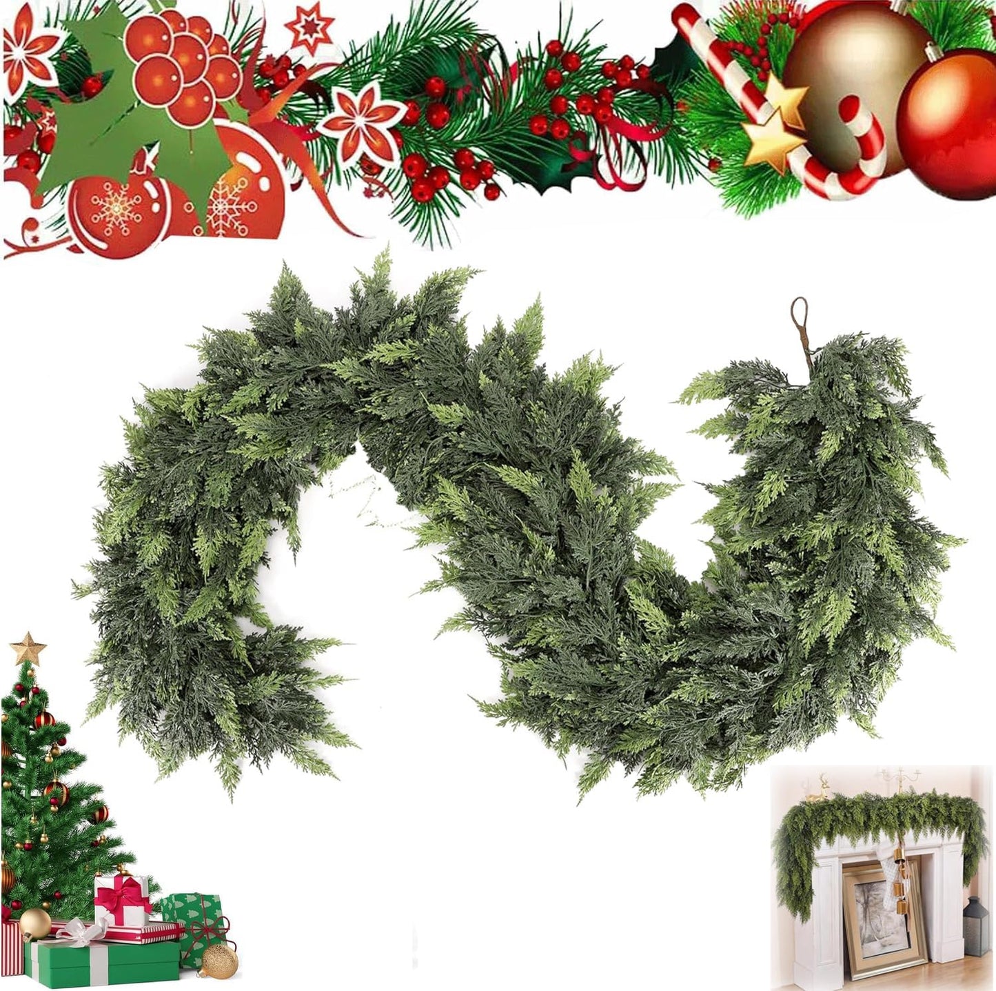 6 Ft Artificial Cedar Garlands – Real Touch Winter Greenery, Realistic Artificial Cedar Tree Christmas Pine Garland Decorations for Table Mantle Wall Indoor Fireplace Holiday Party (5ft, 1)