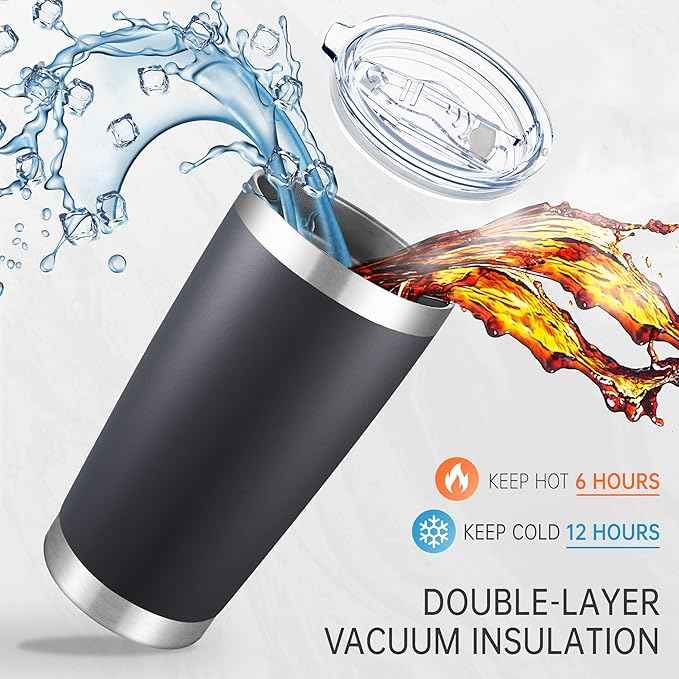 20 oz Tumblers Bulk Stainless Steel Tumbler with Lid Double Wall Vacuum Insulated Coffee Mug 20oz Powder Coated Cup for Hot and Cold Drinks, Black, 12 pack