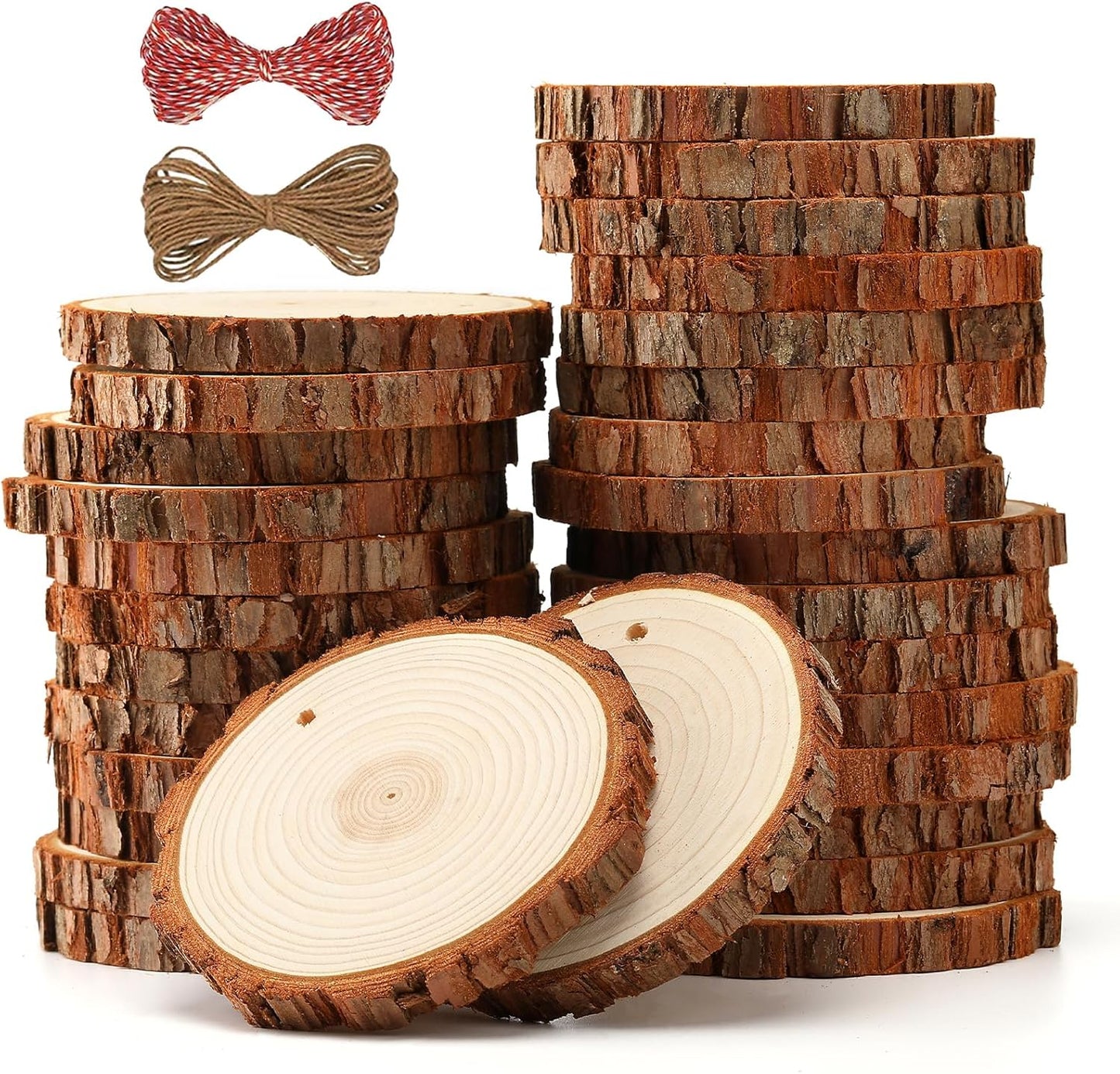 SENMUT Unfinished Wood Slices 30pcs 2.8"-3.0" Wood Circles for Crafts, Predrilled Natural Wood Rounds, Wooden Discs Perfect for DIY, Artistic Creations & Christmas Wood Ornaments for Crafts