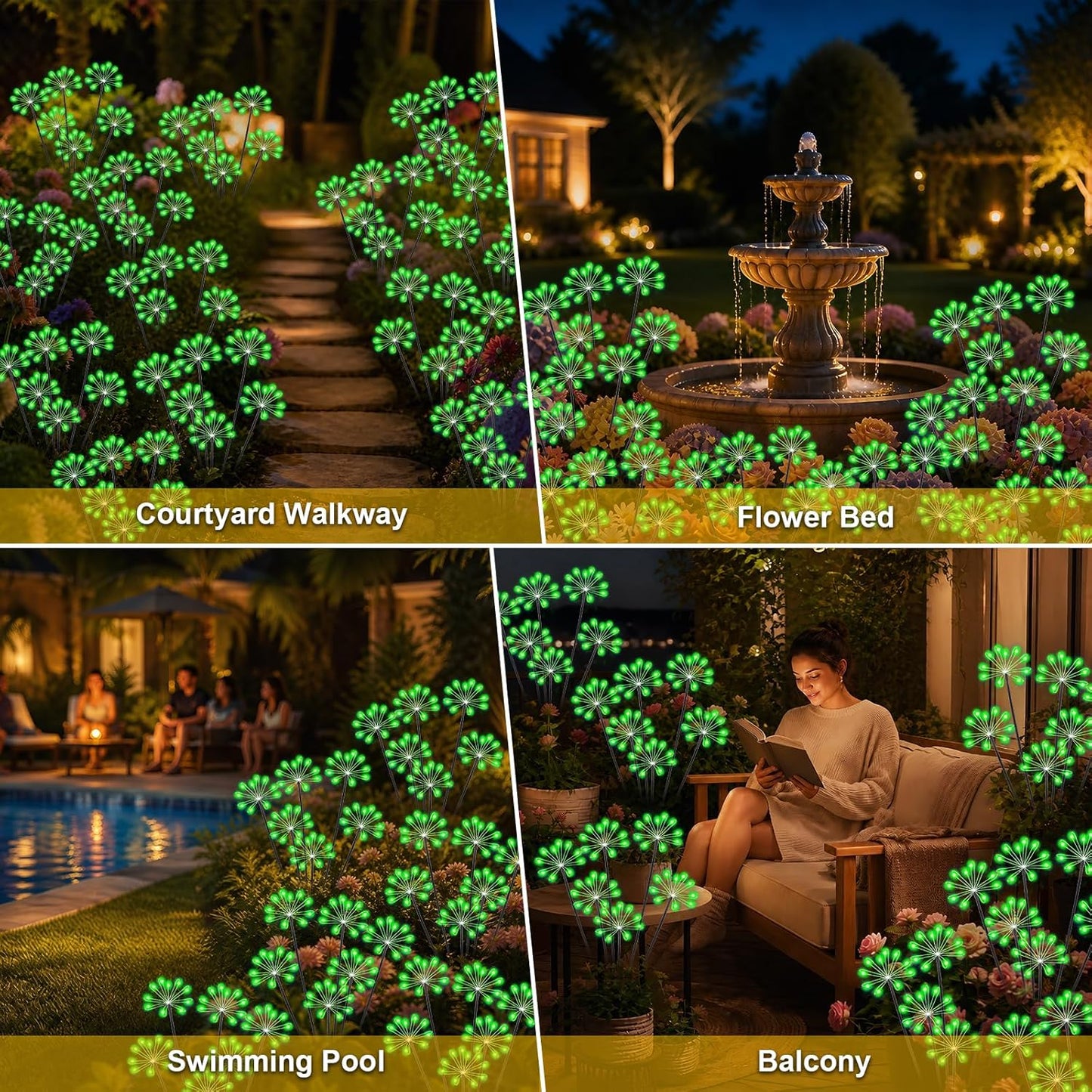 Solar Garden Lights Outdoor, Upgraded Solar Swaying Starburst Light Waterproof with 2 Modes, Solar Fairy Firework Lights for Yard Patio Pathway Flowerbed Balcony Garden Decoration (Green, 2 Pack)
