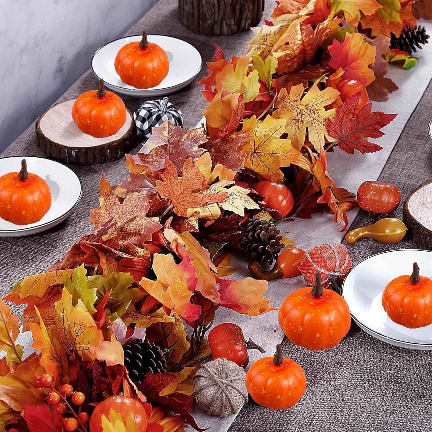 2 Pack Fall Maple Garland, 6.6 FT/Pcs Autumn Hanging Fall Leave Vines and Pumpkins for Home Garden Thanksgiving Dinner Fireplace Door Frame Doorway Backdrop Christmas Decor
