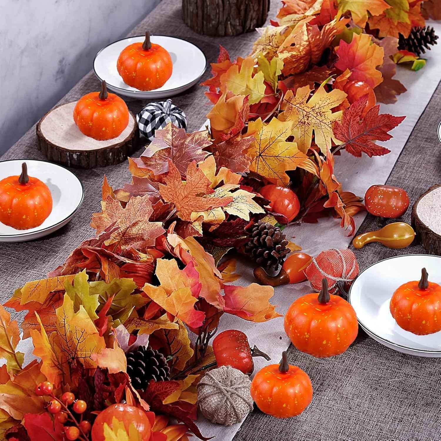 2 Pack Fall Maple Garland, 6.6 FT/Pcs Autumn Hanging Fall Leave Vines and Pumpkins for Home Garden Thanksgiving Dinner Fireplace Door Frame Doorway Backdrop Christmas Decor