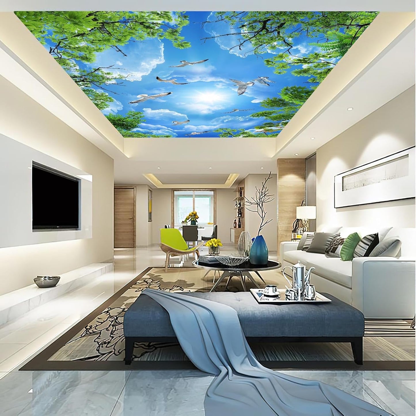 Sky Seagull Green Tree Ceiling 3D Wall Mural Wallpaper 137" x 100"