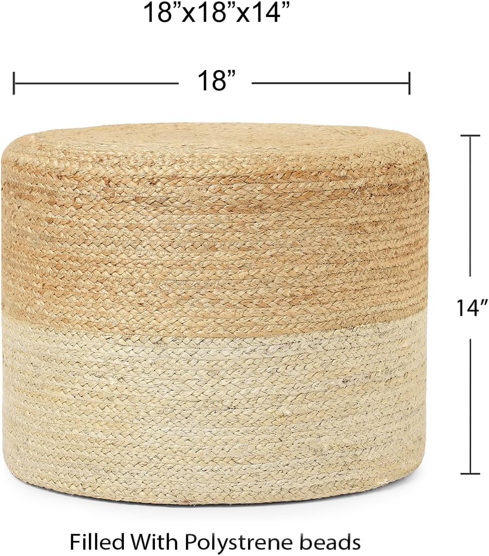 REDEARTH · Cylindrical Pouf Foot Stool Ottoman - Jute Braided Pouffe Poof Accent Sitting Footrest for Living Room, Bedroom, Nursery, Patio, Lounge & Other Rooms (Natural Ivory, 18"x18"x14")