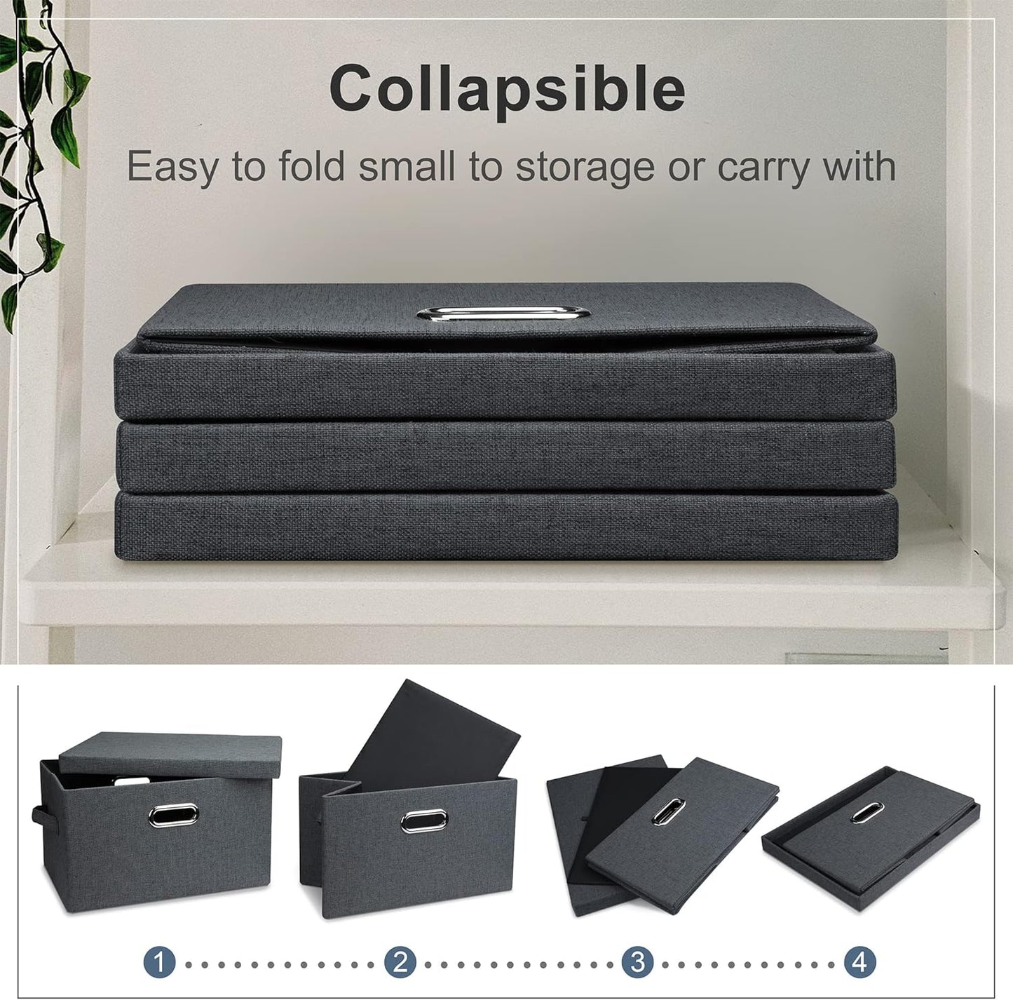 Medium 15" 21 Quart Collapsible Stackable Storage Bins with Lids, 3 Packs Dark Grey Foldable Fabric Closet Boxes Heavy-duty Linen Cube Baskets Container for Bedroom Office (15 x 11 x 8)