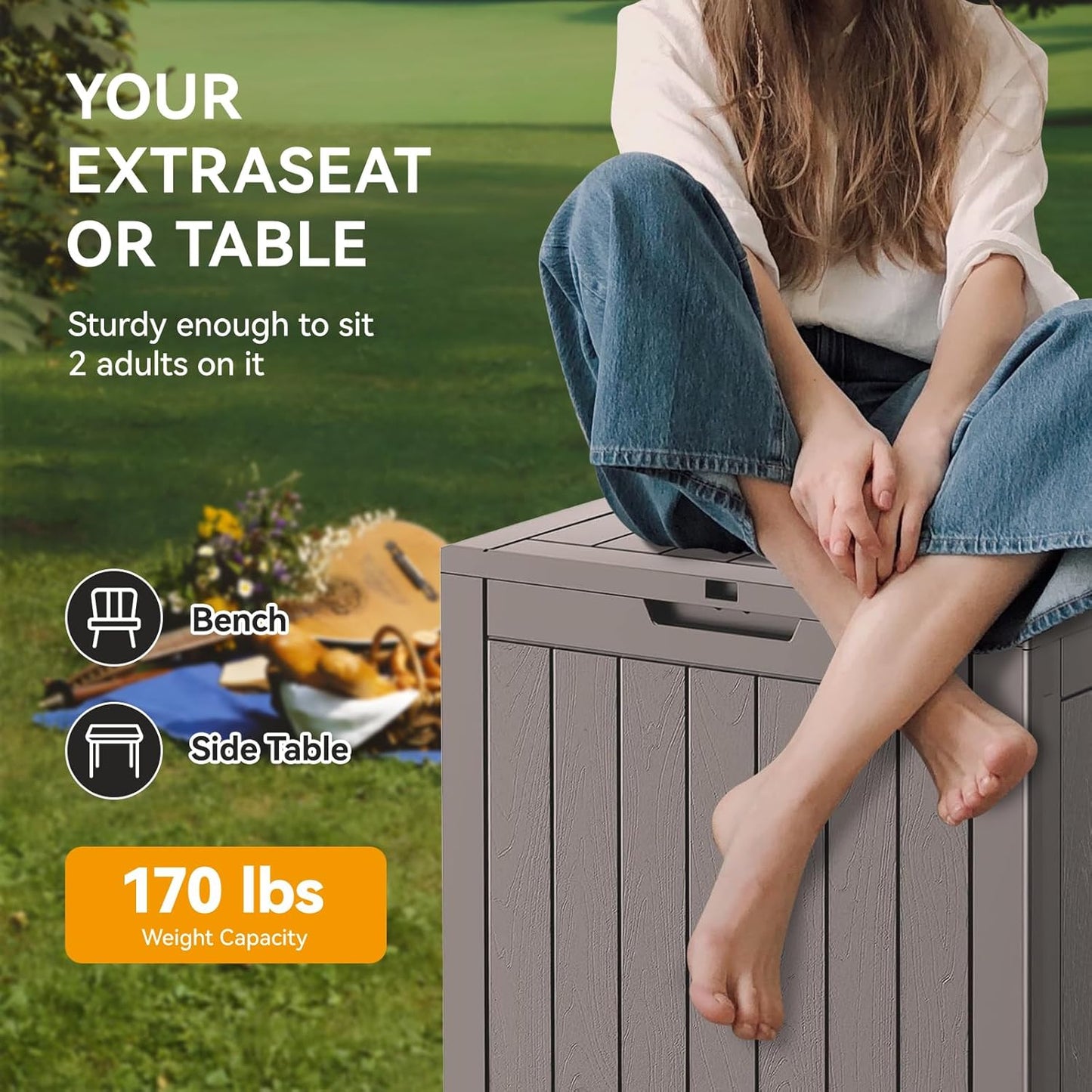 33 Gallon Outdoor Storage Box, Waterproof Resin Deck Box for Indoor & Outdoor Use – Lockable Patio Storage Bin for Garden Tools, Package Deliveries, Pool Accessories, Sports Gear & Furniture-Grey