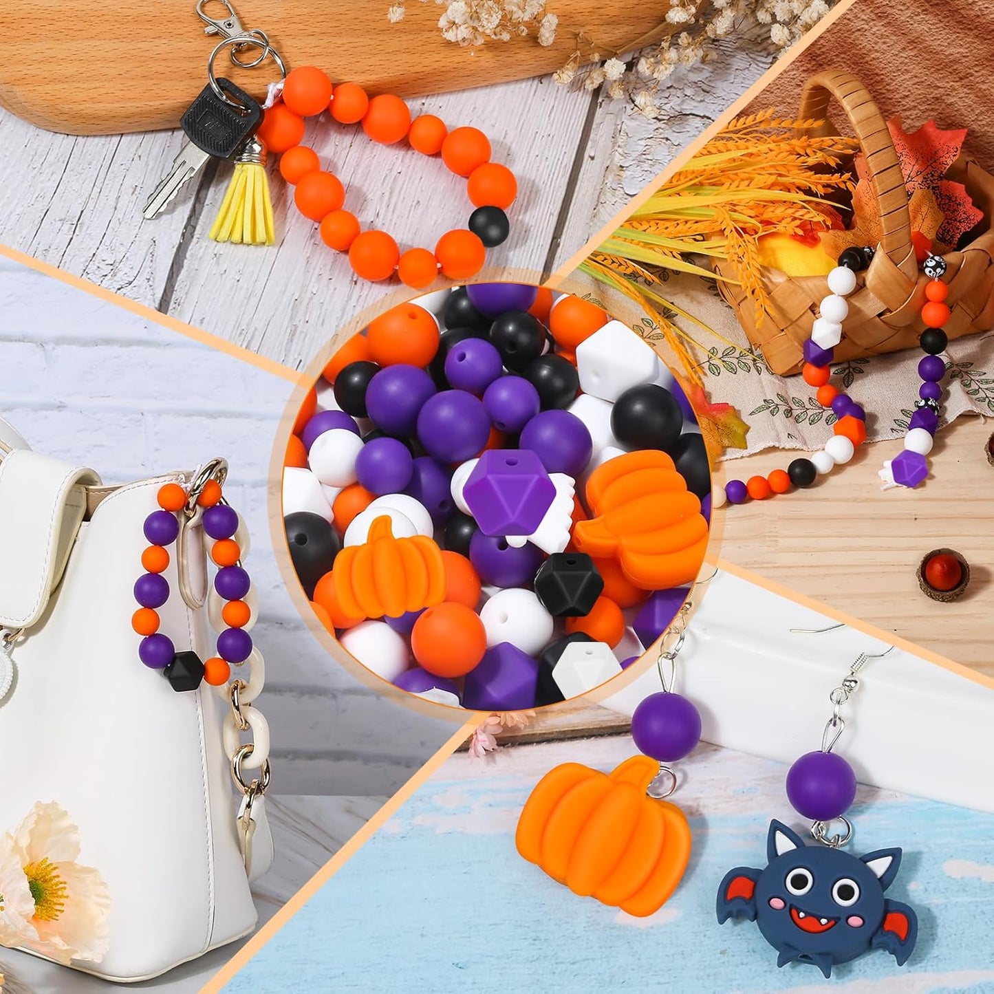 145 PCS Halloween Silicone Beads Kit - Round Loose Beads with Pumpkin Skull, Ghost, Bat & Polygonal Pastel Shapes for DIY Home Decor, Crafts & Jewelry Making
