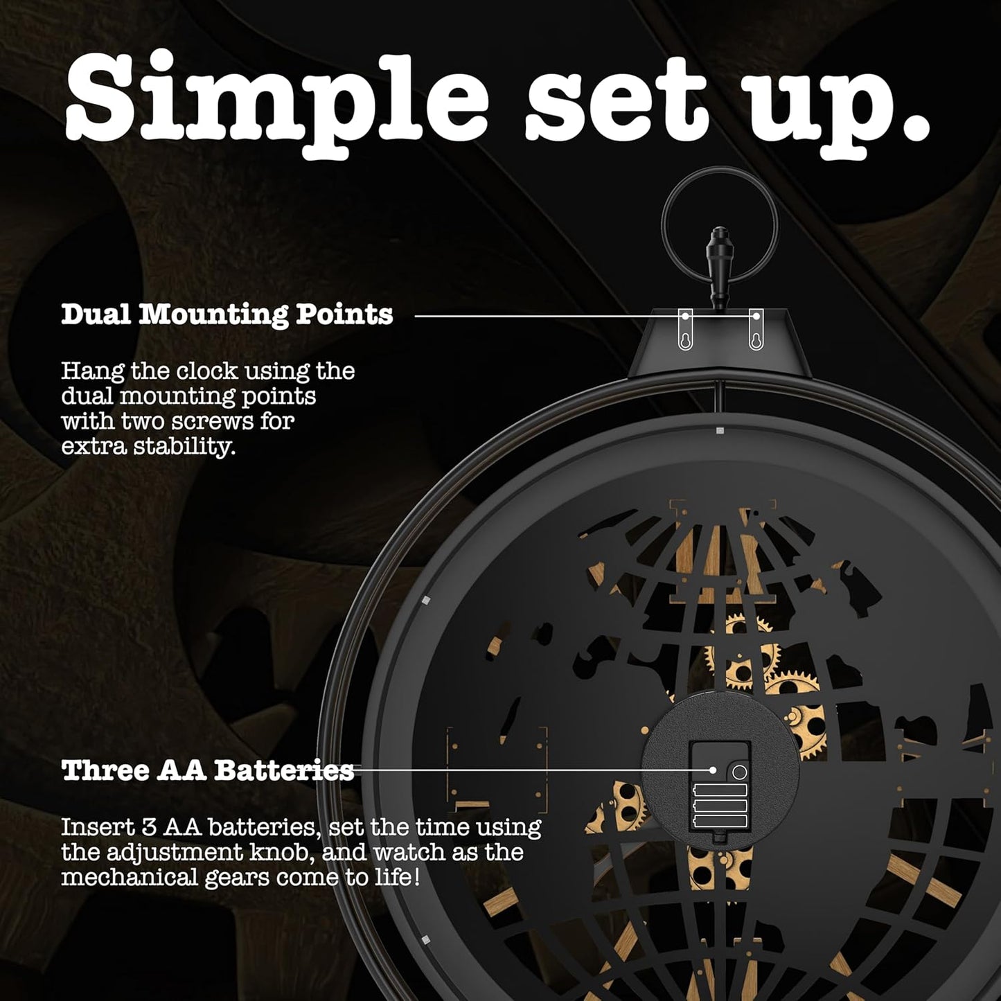 Driini 30 Inch Large Rustic Farmhouse Gear Clock with Moving Gears – Vintage Oversized Wall Clock with Iron Frame – Giant Industrial Steampunk Wall Clock for Living Room Décor (Walnut)