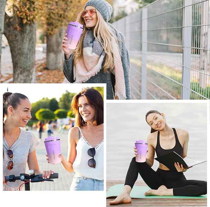 SPLMIFA Travel Coffee Mug Leak-Proof, Reusable Coffee Cups with Lid, Stainless Steel Vacuum Insulated Coffee Tumblers, Thermal Insulation Cup for Men and Women Hot & Cold Drinks(2nd-Purple Pink, 12OZ)