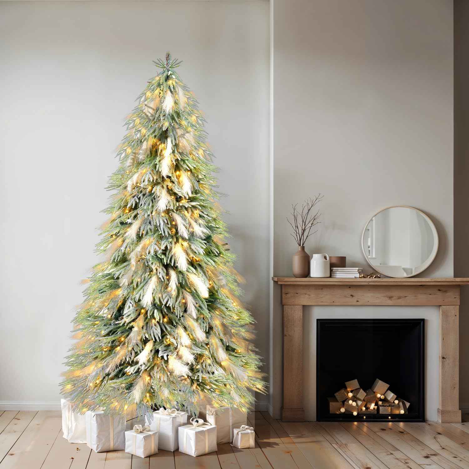 Makenna 6.5ft Snow Flocked Feathery Frosted Prelit Artificial Christmas Tree with 4958 Pampas Tips, 350 Warm Lights and Metal Stand, 40" Wide Realistic Snow Flocked Pine Christmas Tree with Lights