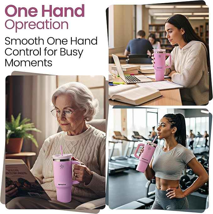30oz Tumbler with Handle and Straw Insulated Stainless Steel Travel Mug Vacuum Double Wall Coffee Cup Leak Resistant Lid BPA-Free Cup Holder Friendly for Hot & Cold Drinks, Pink