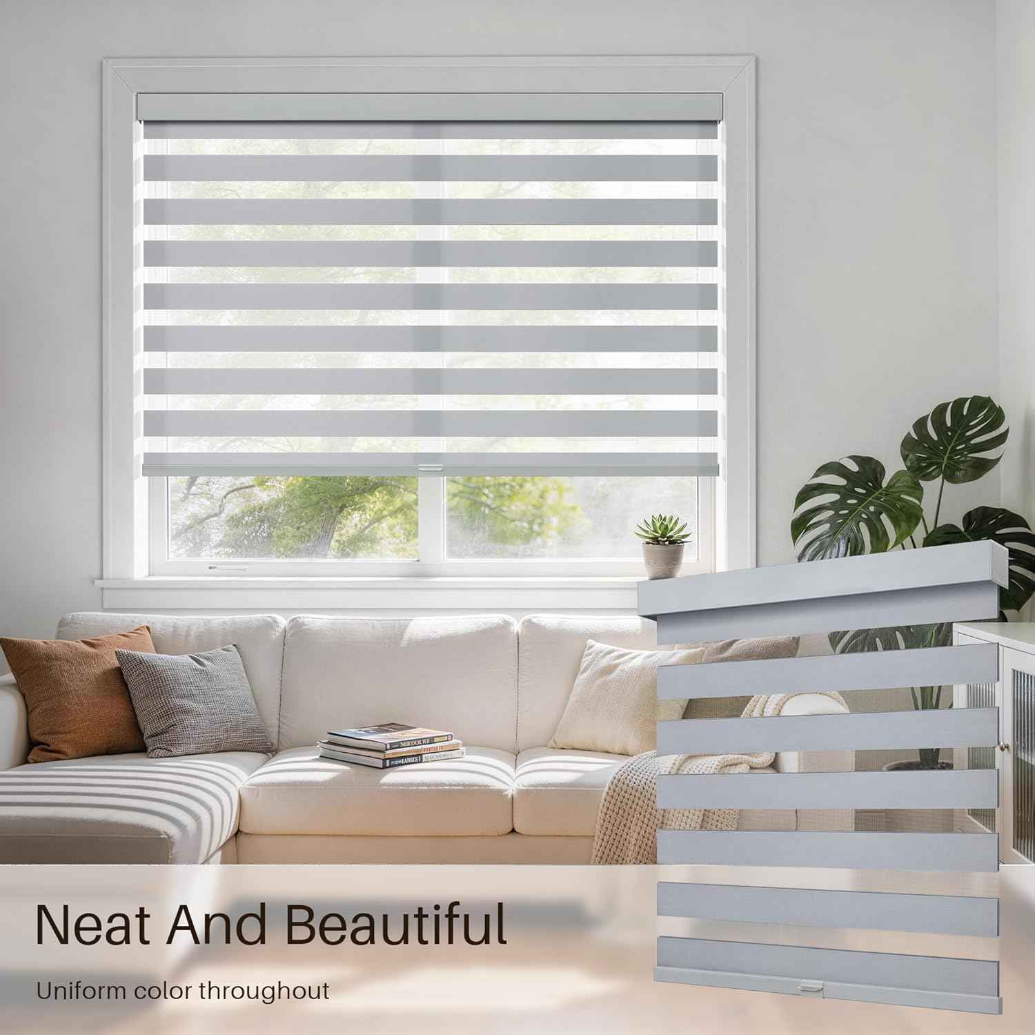 Cordless Zebra Blinds for Windows, Free-Stop Zebra Window Blinds, Dual Layer Light Filtering for Privacy, Easy Install Zebra Shades for Indoor Windows(Gray,36" W x 72 "H)