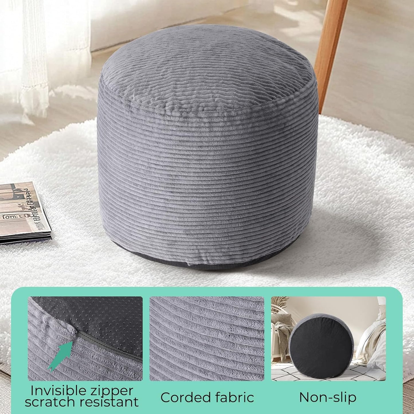 Dual-Size Corduroy Footrest with Hidden Zipper – Ergonomic Memory Foam Ottoman Poufs for Office Desks, Couches & Delicate Floors, Dark Gray 20"x 15"