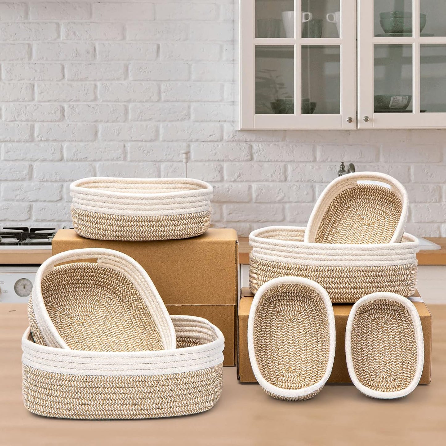 7 Piece Cotton Rope Woven Basket Set - Small Basket for Baby Nursery, Pets, Montessori, Dog & Cat Toy Boxes, Bathroom Organization Bins (White/Brown)