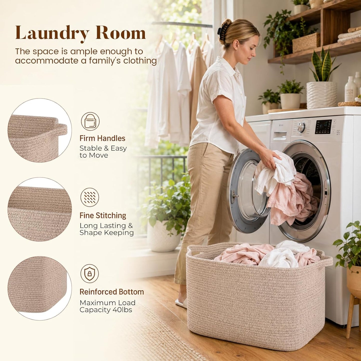 95L Cotton Rope Large Blanket Basket (24" x 16.9" x 14.2") for Living Room, Kids Room & Laundry, Storage Basket with Handle for Organizing Blankets, Pillows, Clothes & Toys, Brown