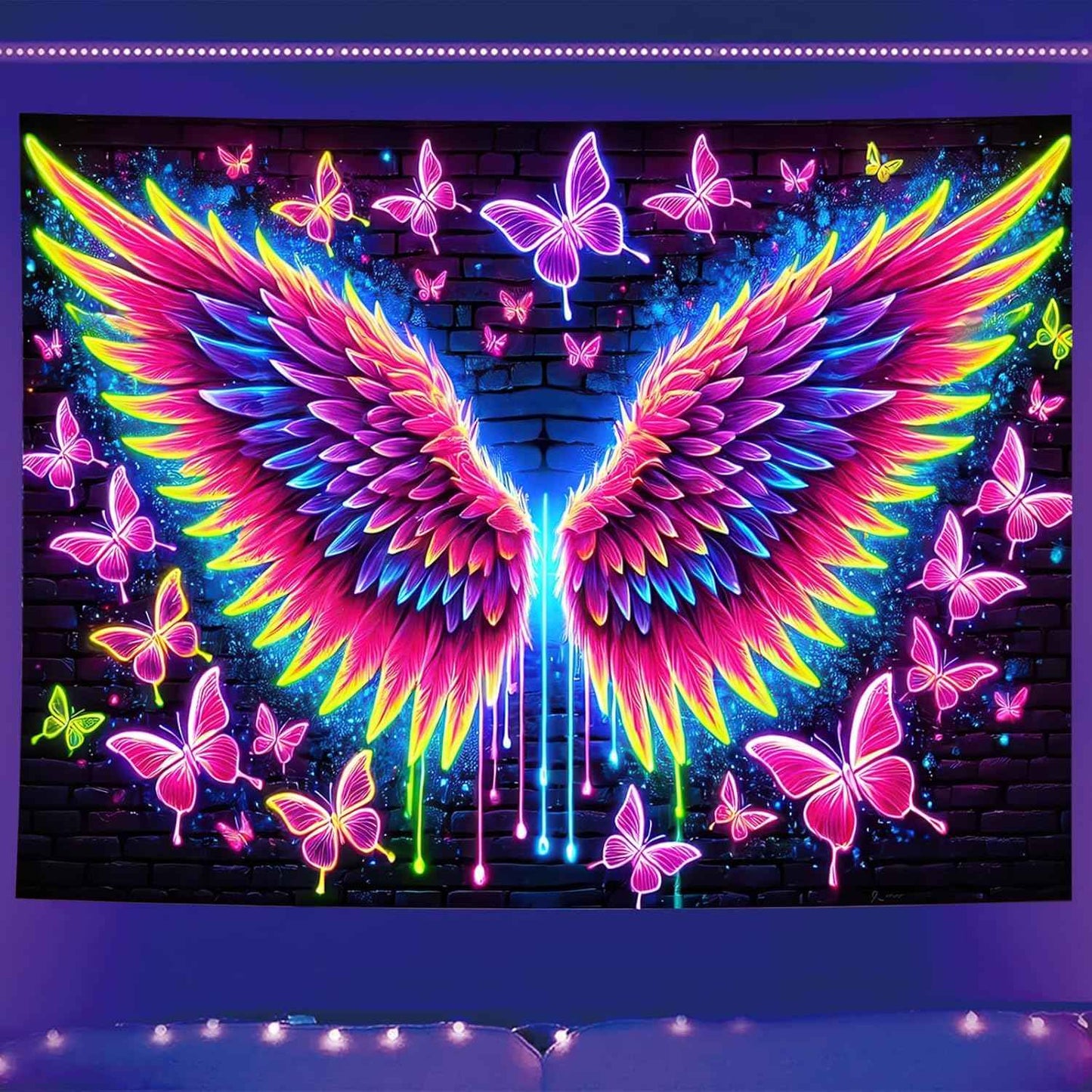 Starlit Patio Blacklight Angel Wings Tapestry UV Reactive Glow in The Dark Butterflies Wall Hanging Trippy Fluorescent Neon Art Poster for Bedroom Living Room Dorm Aesthetic Decor 78 x 59 Inches