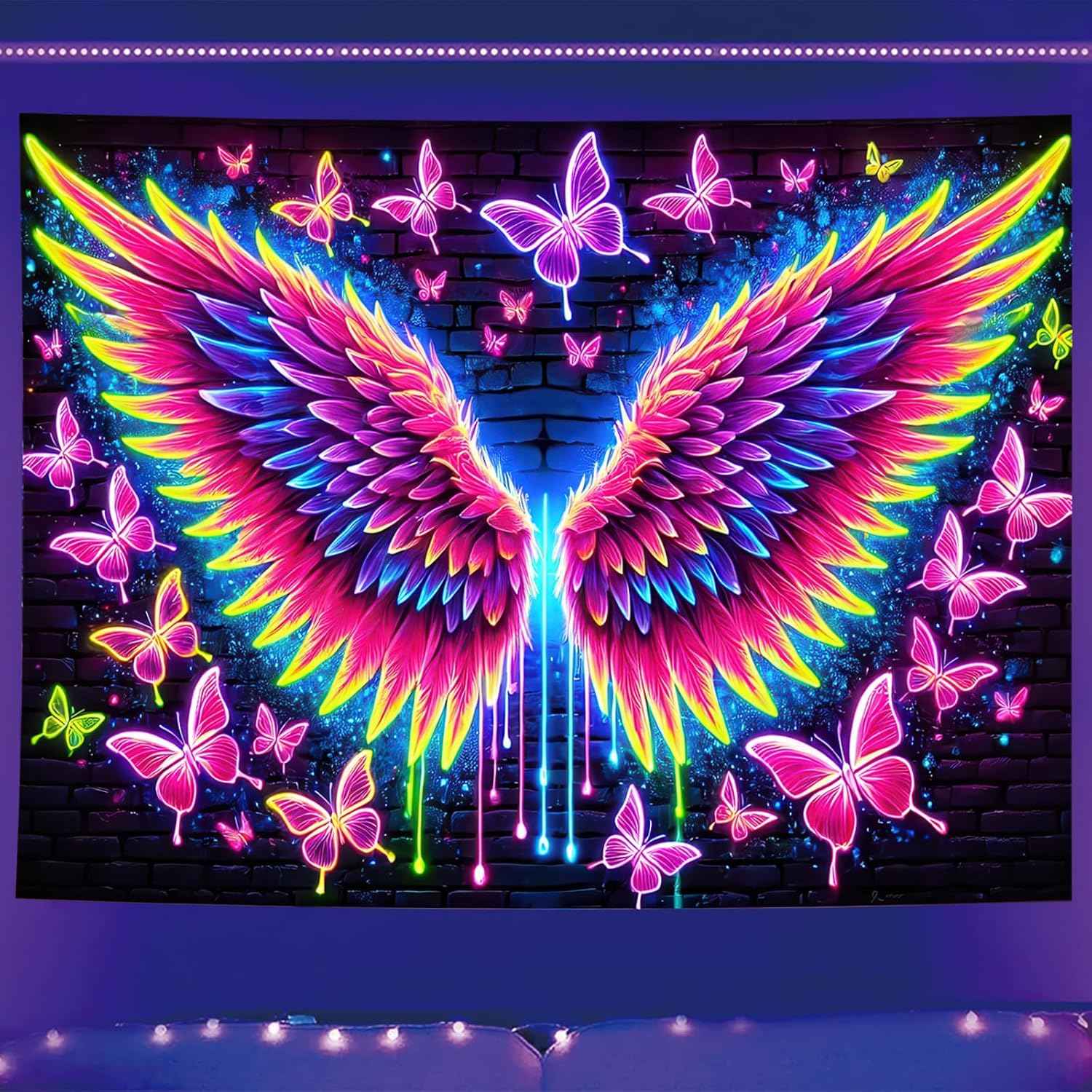Starlit Patio Blacklight Angel Wings Tapestry UV Reactive Glow in The Dark Butterflies Wall Hanging Trippy Fluorescent Neon Art Poster for Bedroom Living Room Dorm Aesthetic Decor 78 x 59 Inches
