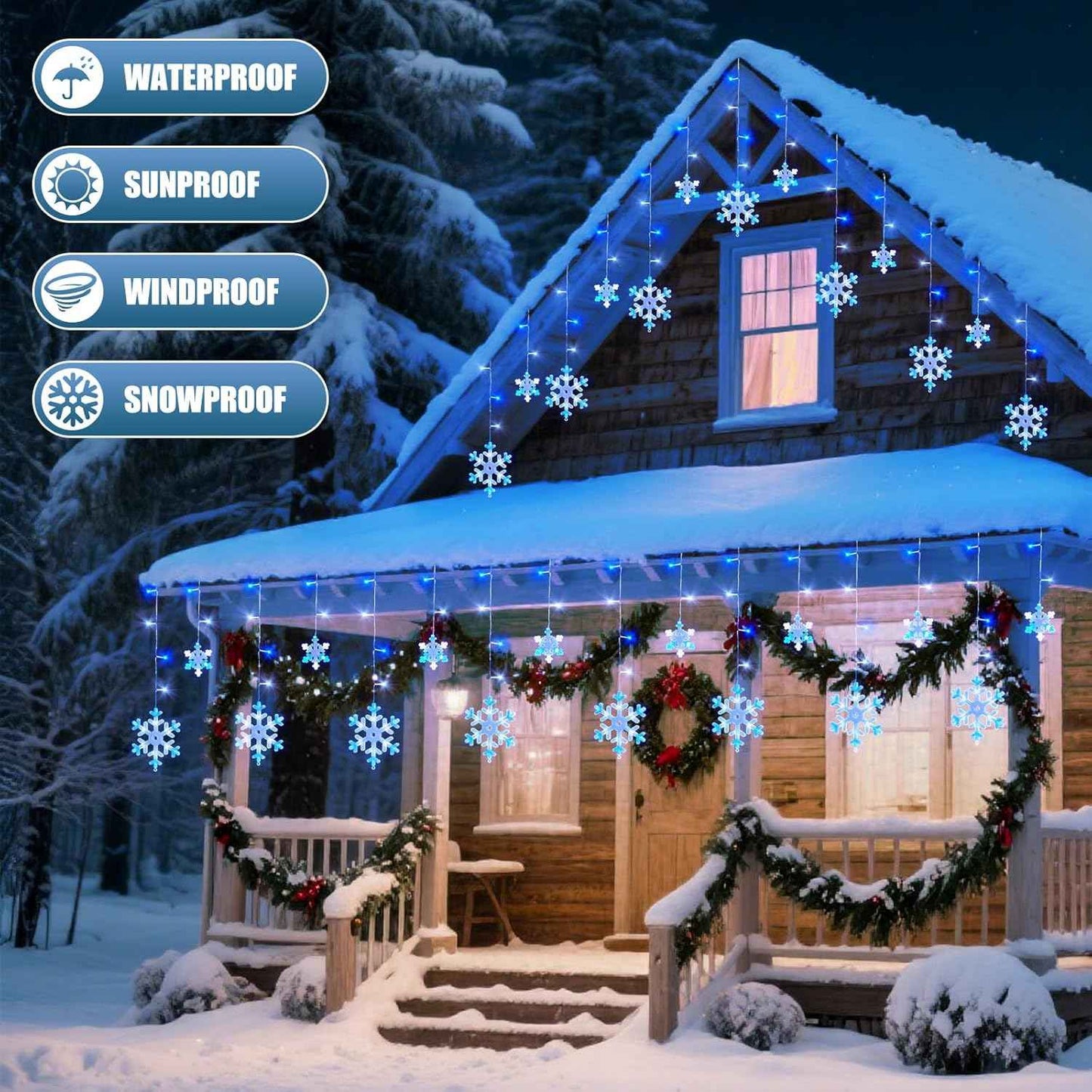 13 Ft 192 LED Snowflake Christmas Icicle Lights with 16 Drops, 8 Modes and Timer, IP65 Waterproof Connectable for Indoor Outdoor House Window, Blue and White