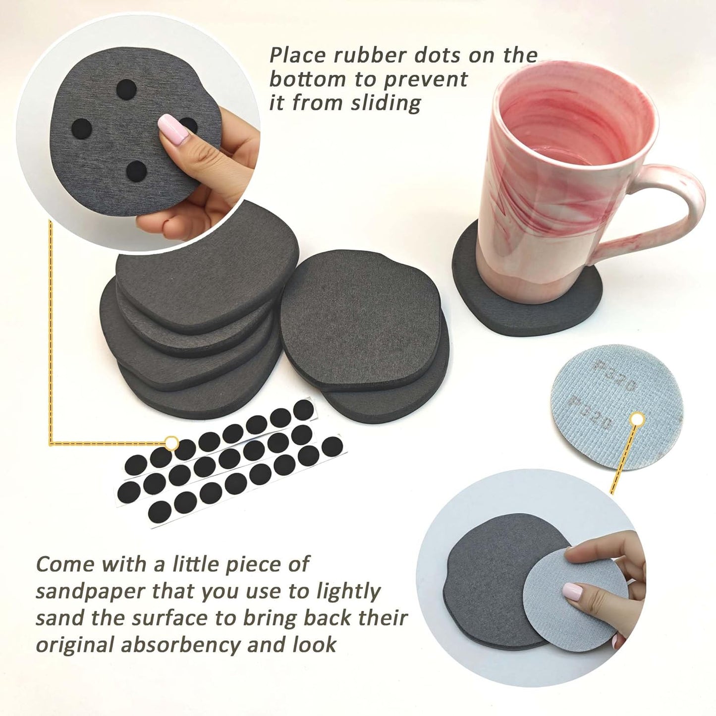 Diatomite Coasters Set of 6 | Absorbent Coasters for Drinks Cute Modern Unique Aesthetic Stone Coaster for Desks Coffee Table, Instant Drying, with 24 Scratch Protection Pads, Dark Grey