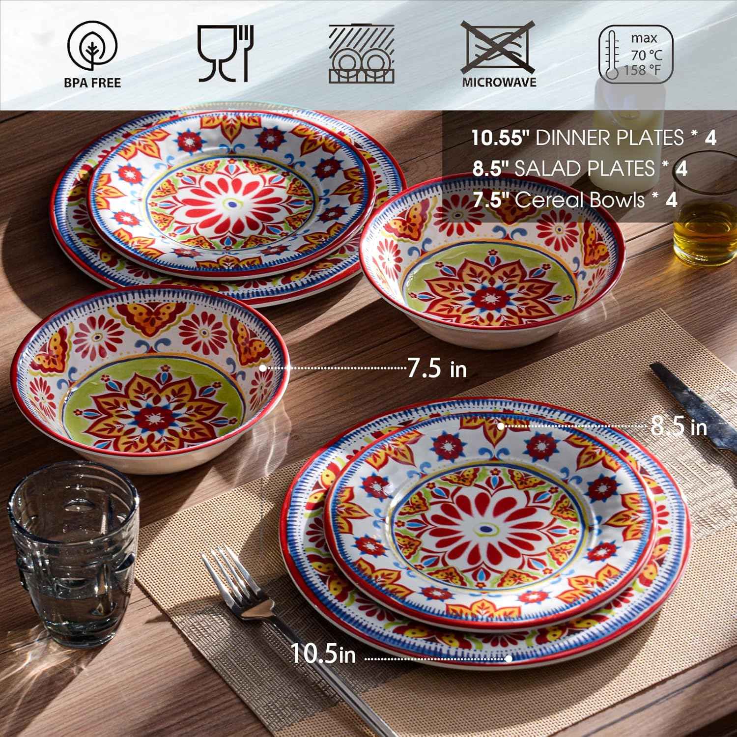 Premium Melamine Dinnerware Sets for 4, 12-Piece Plates and Bowls Sets, Shatterproof & Lightweight Dish Set for Indoor and Outdoor Use, Dishwasher Safe, Boho Red