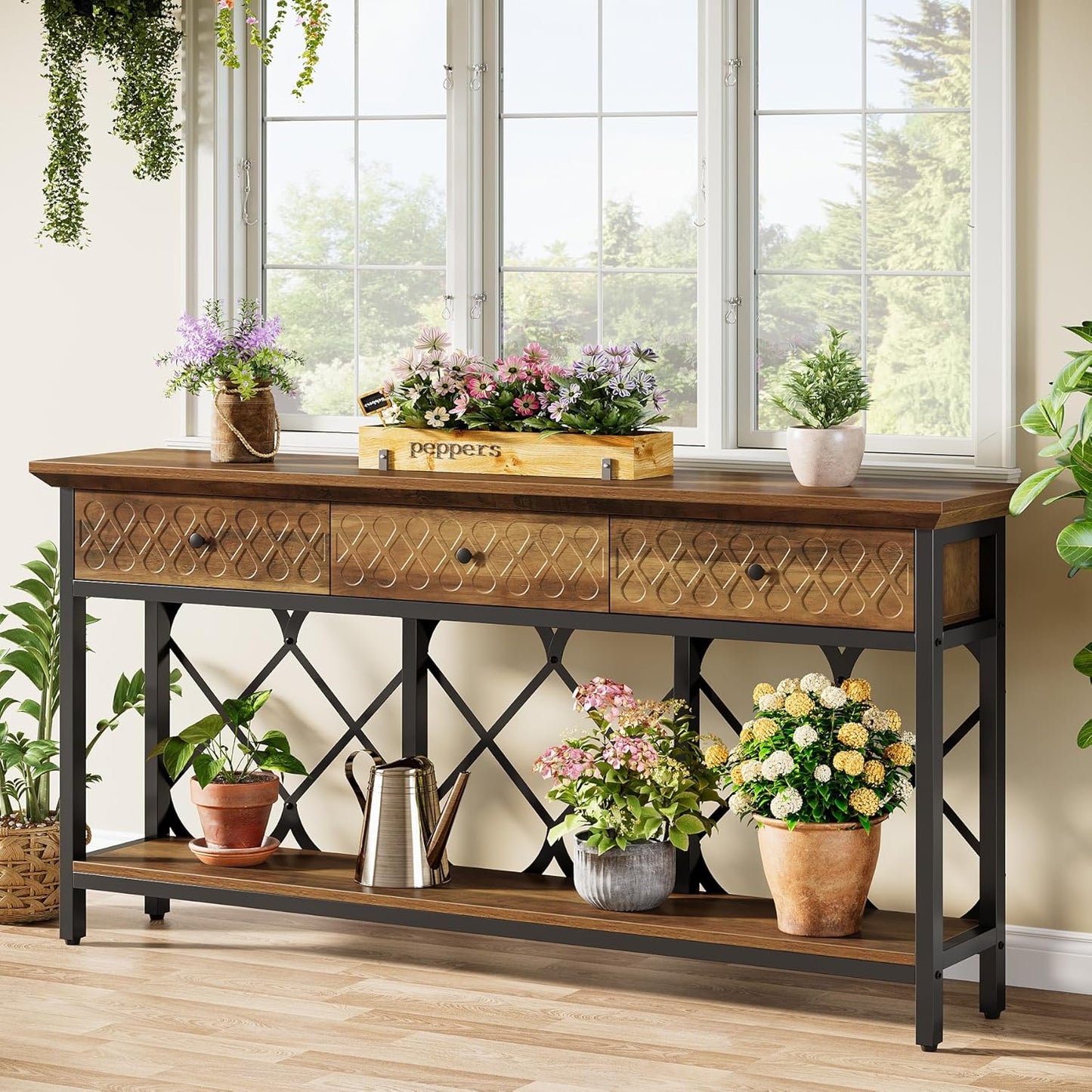 Tribesigns 70.86" Extra Long Console Sofa Table with 3 Drawers, Industrial 2-Tier Narrow Entryway Table Behind The Couch for Living Room, Entryway, Hallway