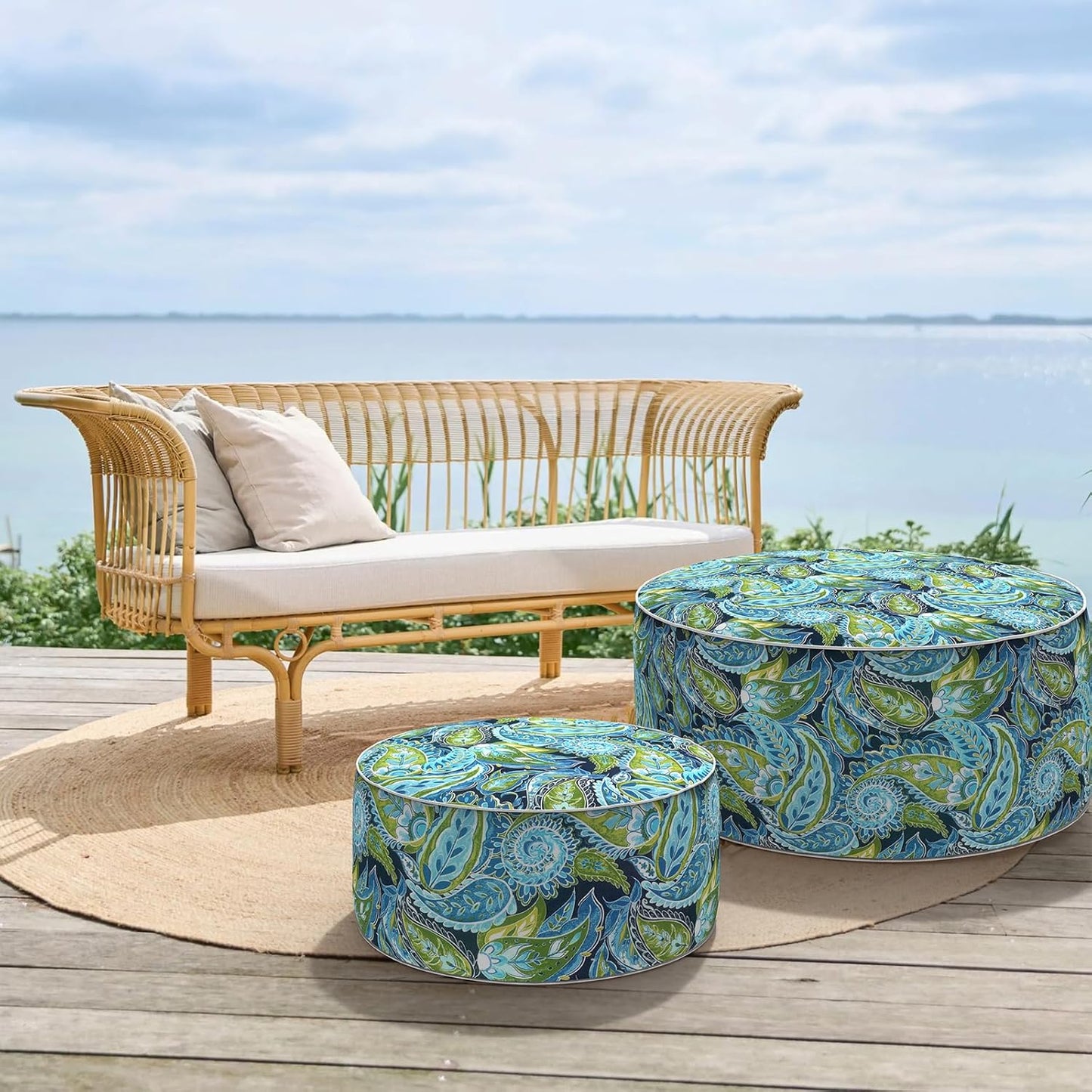 Inflatable Ottoman Stool D31 xH14 for Outdoor/Indoor Use, Water Repellent Patio Foot Rest with Portable Handle,Round Pouf Ottoman Suitable for Garden,Deck and Camping - Paisley Lapis Green