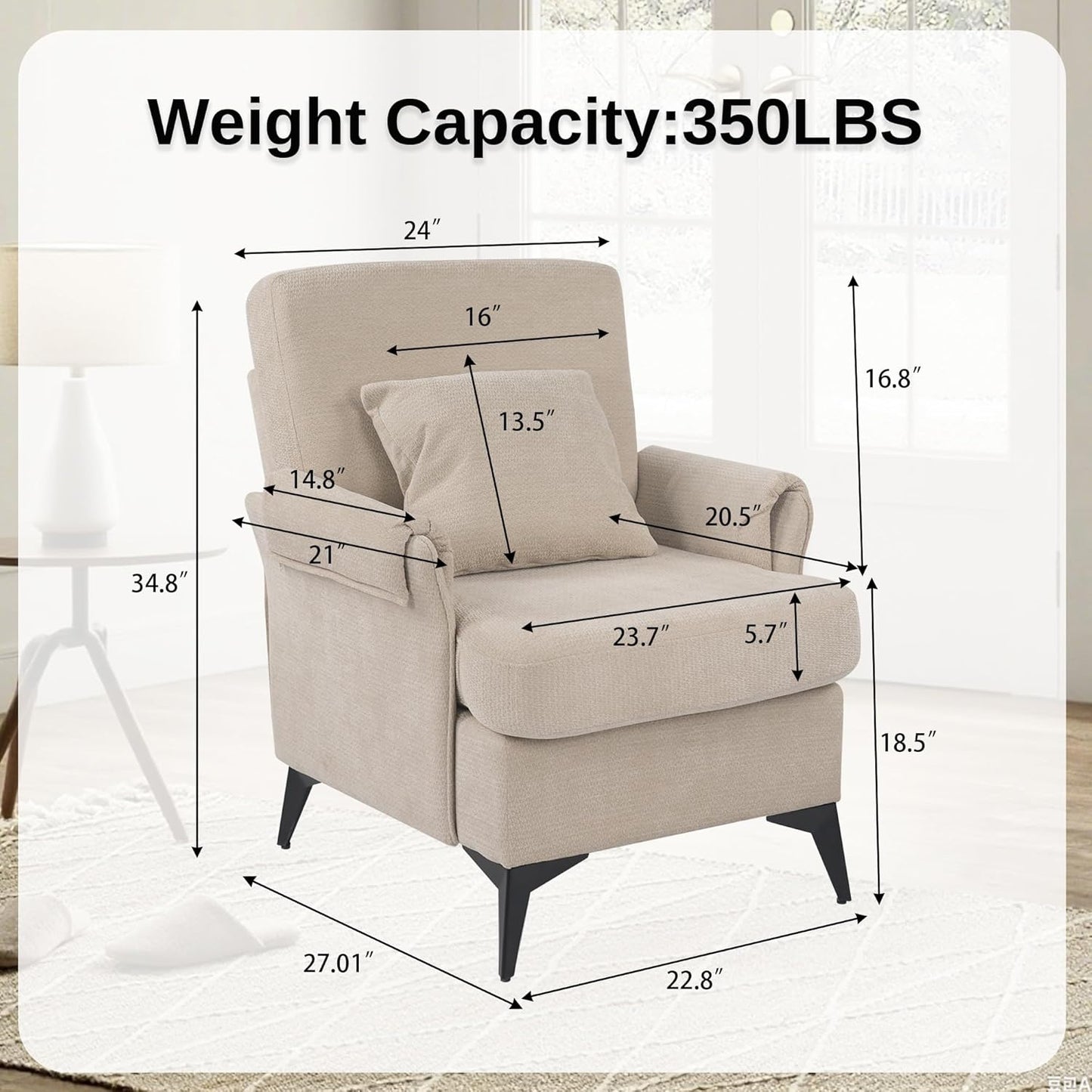 KCC Mid-Century Accent Chairs,Chenille Modern Upholstered Single Sofa,Cozy Armchair with Back for Bedroom/Office/Cafe,Begie