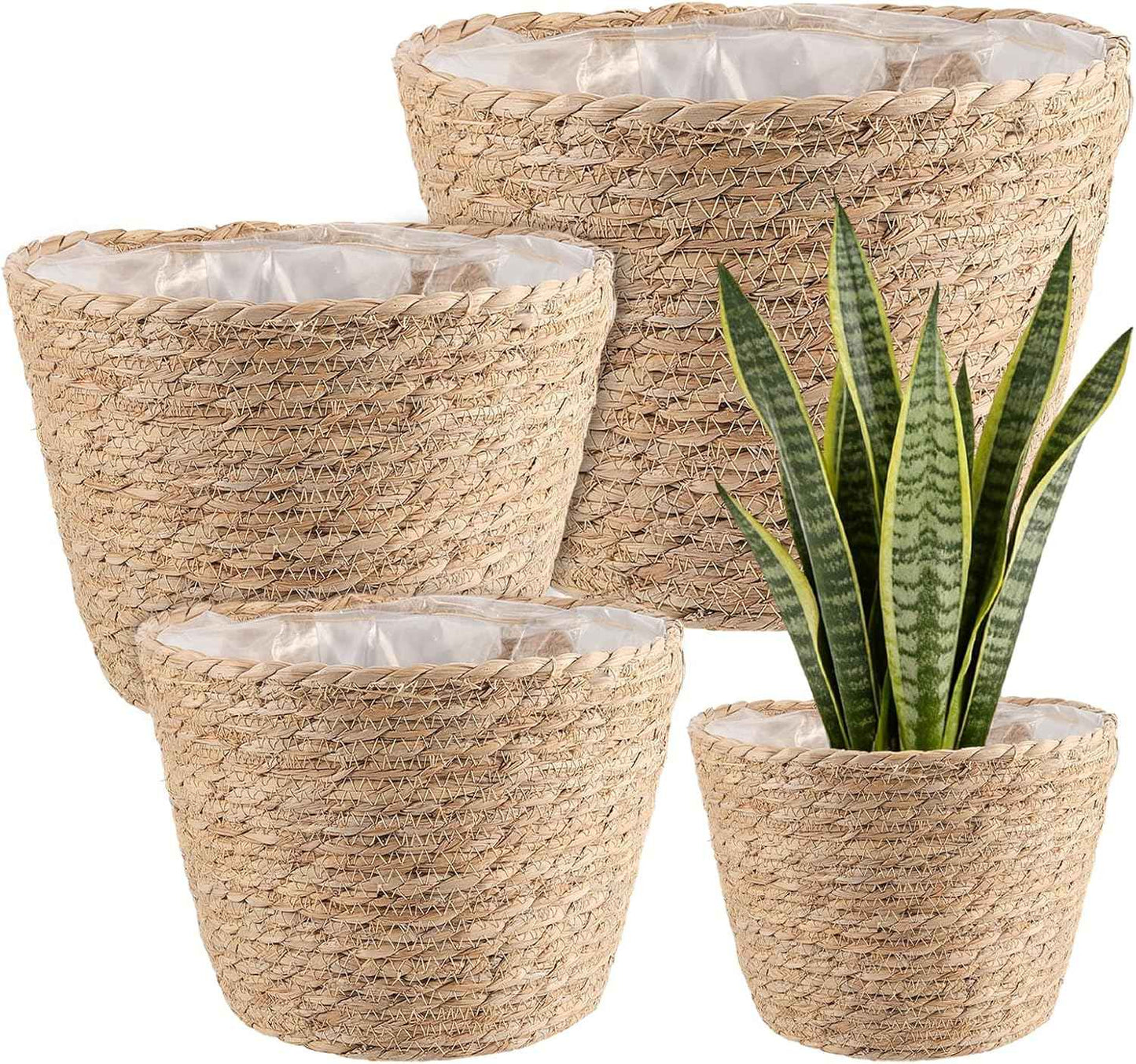 Set of 4 Seagrass Planter Basket, 6" 7" 9" 10" Hand Woven Plant Basket with Waterproof Plastic Liner, Round Natural Flower Pot for Indoor Outdoor Modern Home Decoration, Brown