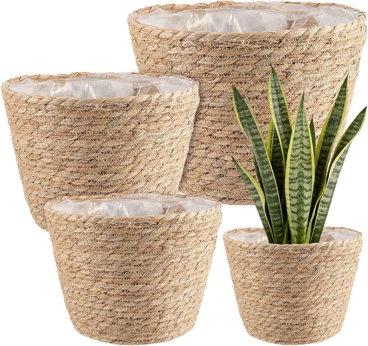 Set of 4 Seagrass Planter Basket, 6" 7" 9" 10" Hand Woven Plant Basket with Waterproof Plastic Liner, Round Natural Flower Pot for Indoor Outdoor Modern Home Decoration, Brown