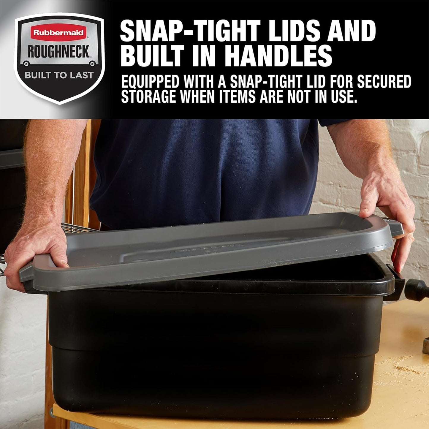 Rubbermaid Roughneck Tote 10 Gal, 6 Pack, Made in USA, Black & Gray, Rugged Plastic Stackable Storage Bins with Lids and Handles