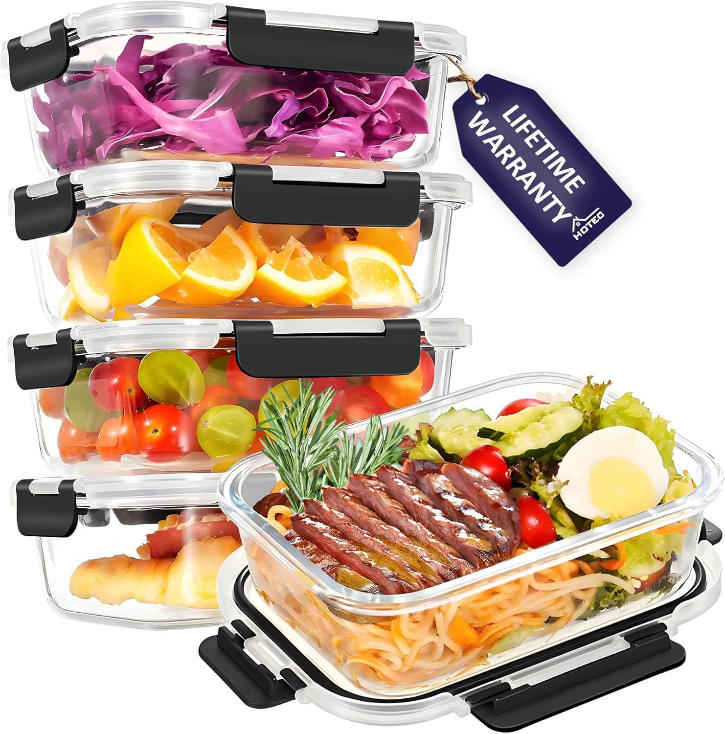 HOTEC 35OZ Glass Food Storage Container, Airtight Glass Lunch Fruit Containers with Lids - Microwave, Oven, Freezer and Dishwasher Safe, 4-PACK